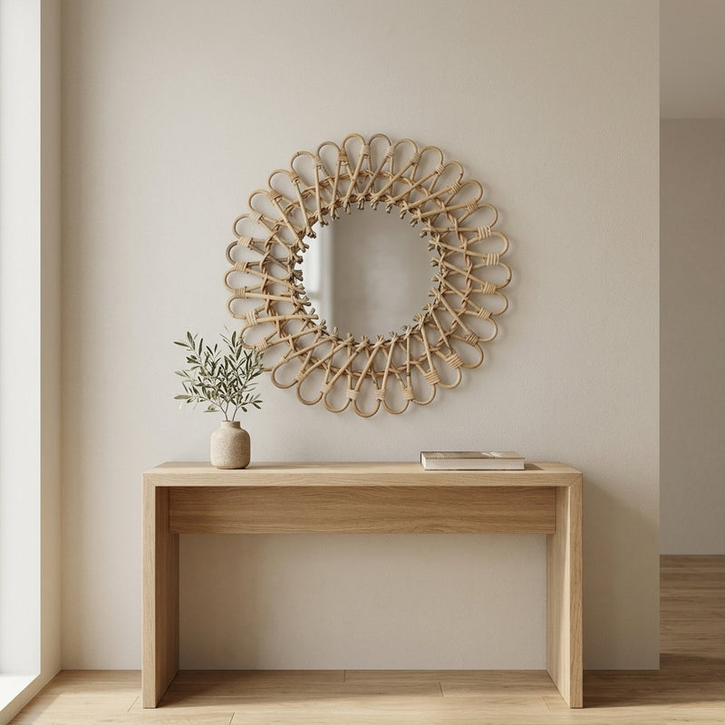 Miroir soleil en rotin naturel