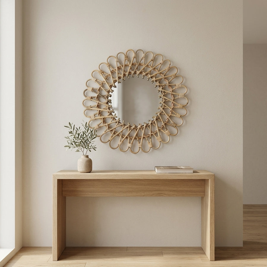 Miroir soleil en rotin naturel