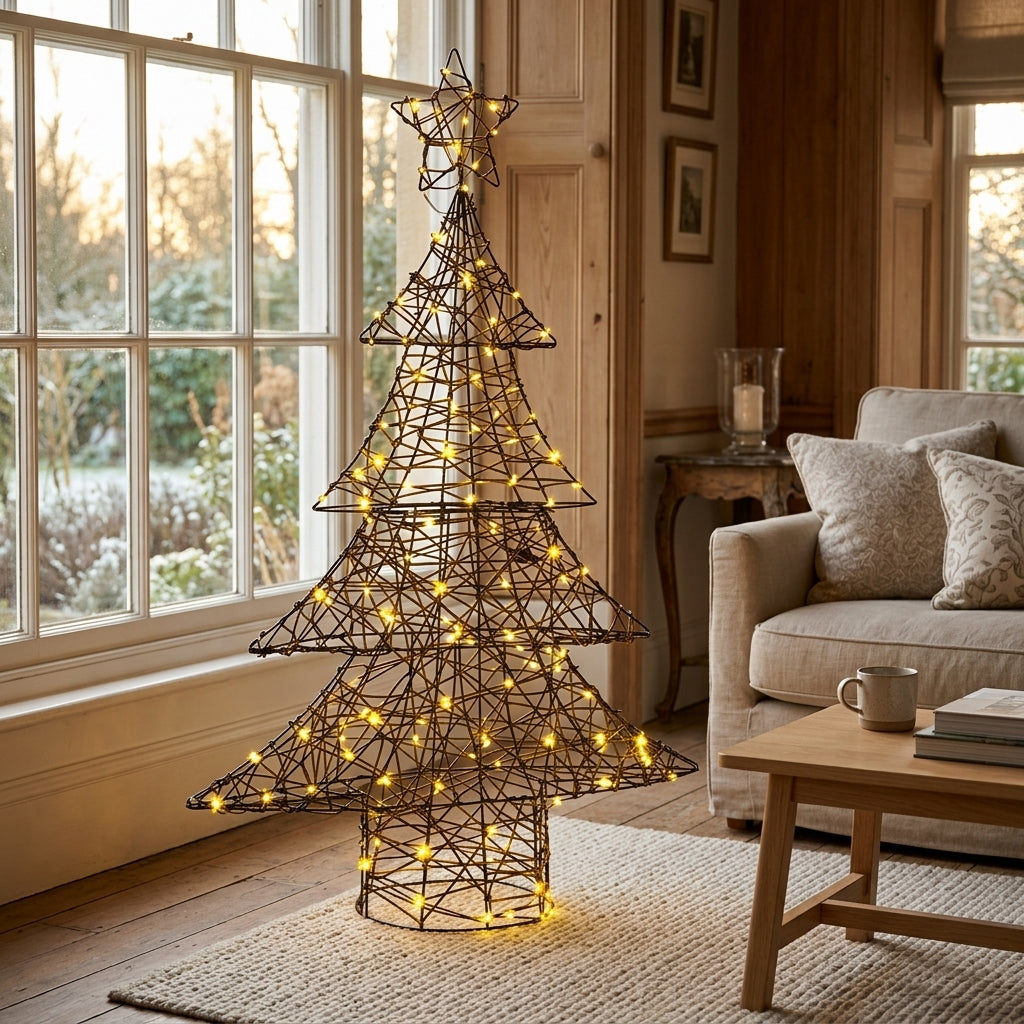 Sapin de Noël lumineux en rotin avec étoile LED