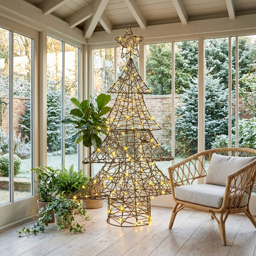 Sapin de Noël lumineux en rotin avec étoile LED
