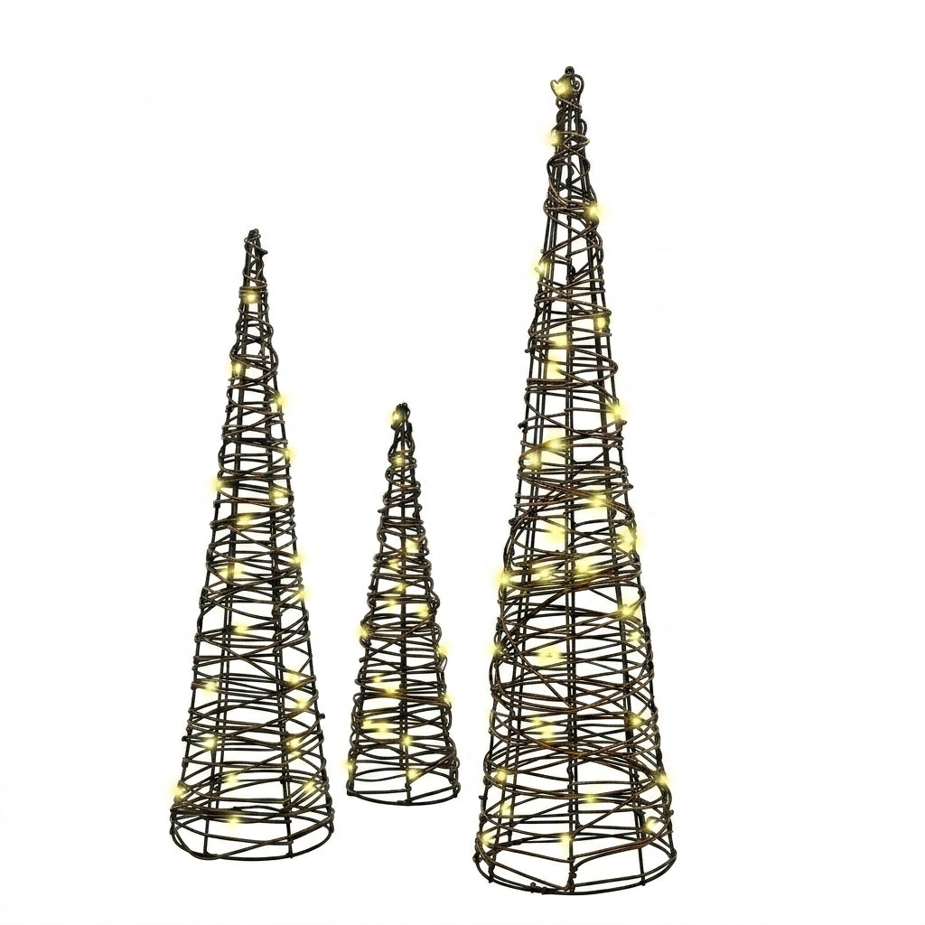 Sapins de Noël lumineux en rotin , Lot de 3