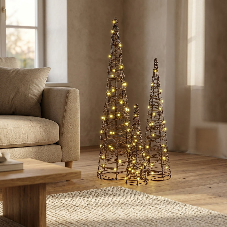 Sapins de Noël lumineux en rotin , Lot de 3