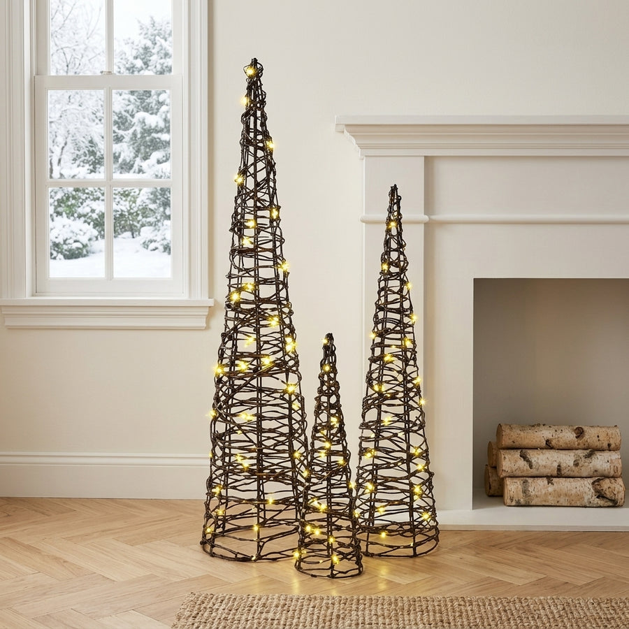 Sapins de Noël lumineux en rotin , Lot de 3