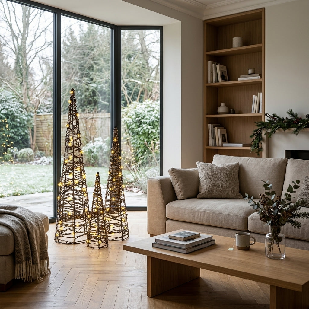 Sapins de Noël lumineux en rotin , Lot de 3