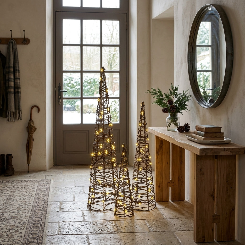 Sapins de Noël lumineux en rotin , Lot de 3