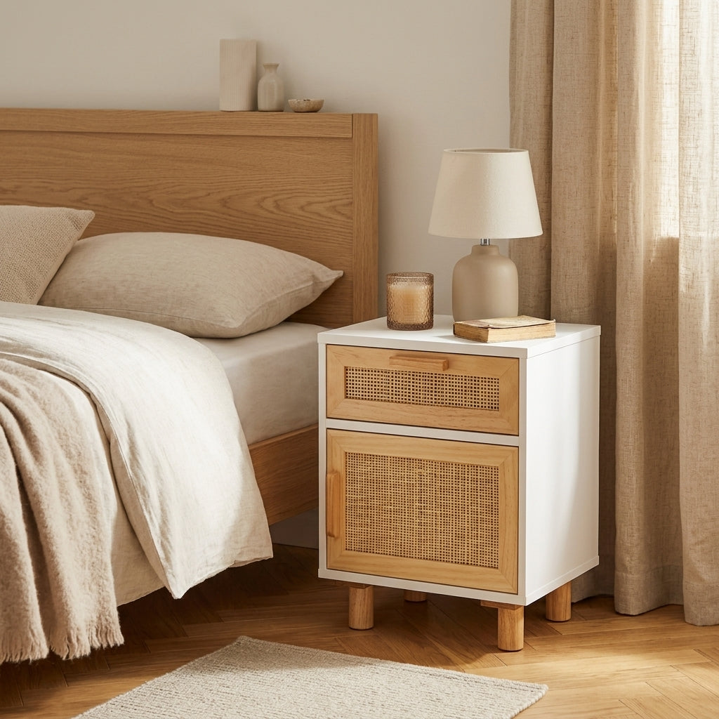 Table de chevet blanche en pin massif et rotin naturel