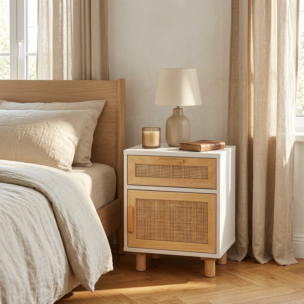 Table de chevet blanche en pin massif et rotin naturel