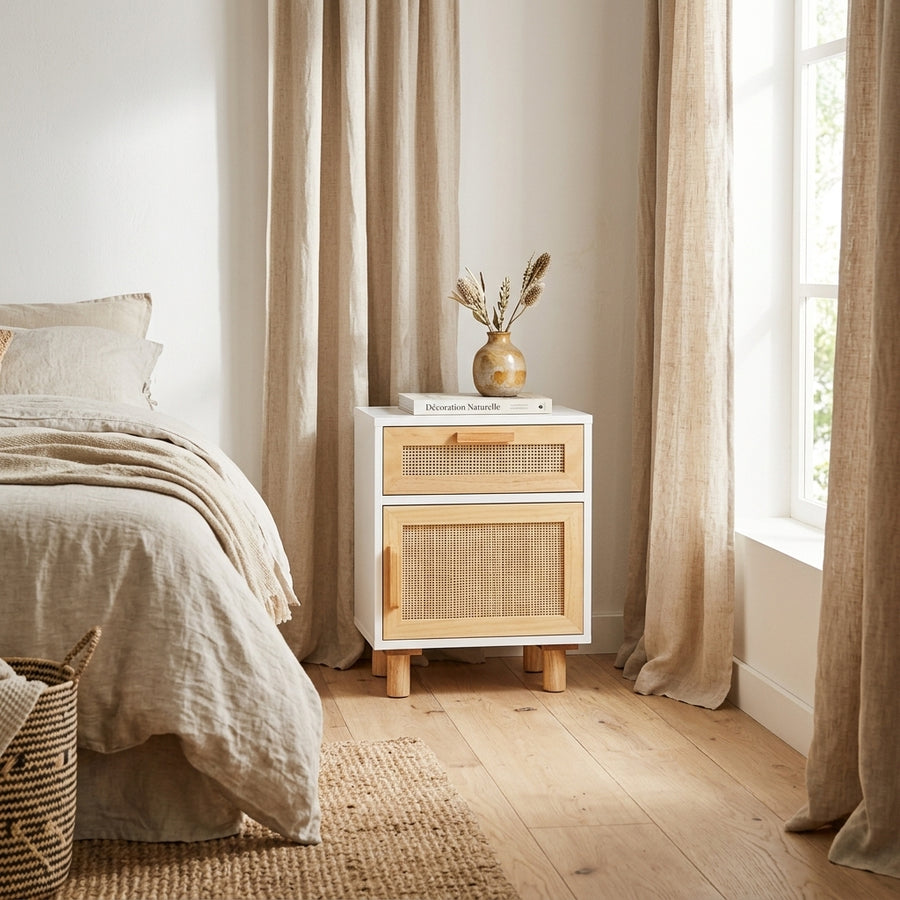 Table de chevet blanche en pin massif et rotin naturel