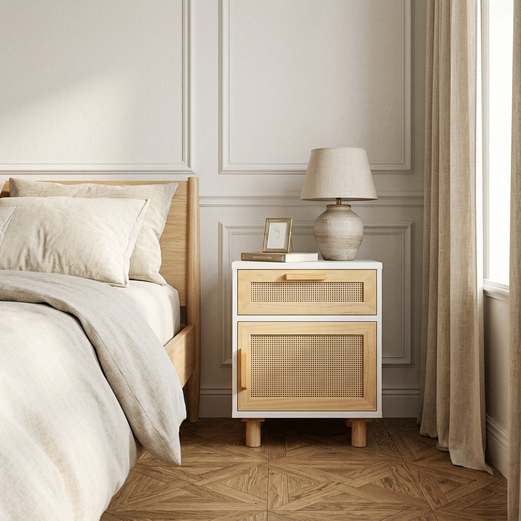 Table de chevet blanche en pin massif et rotin naturel