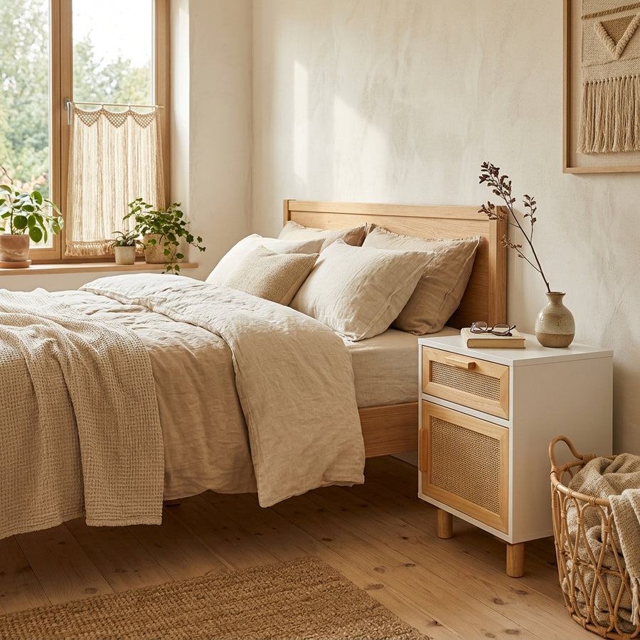 Table de chevet blanche en pin massif et rotin naturel