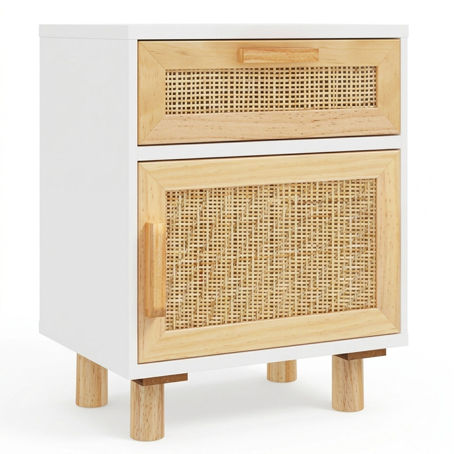 Table de chevet blanche en pin massif et rotin naturel