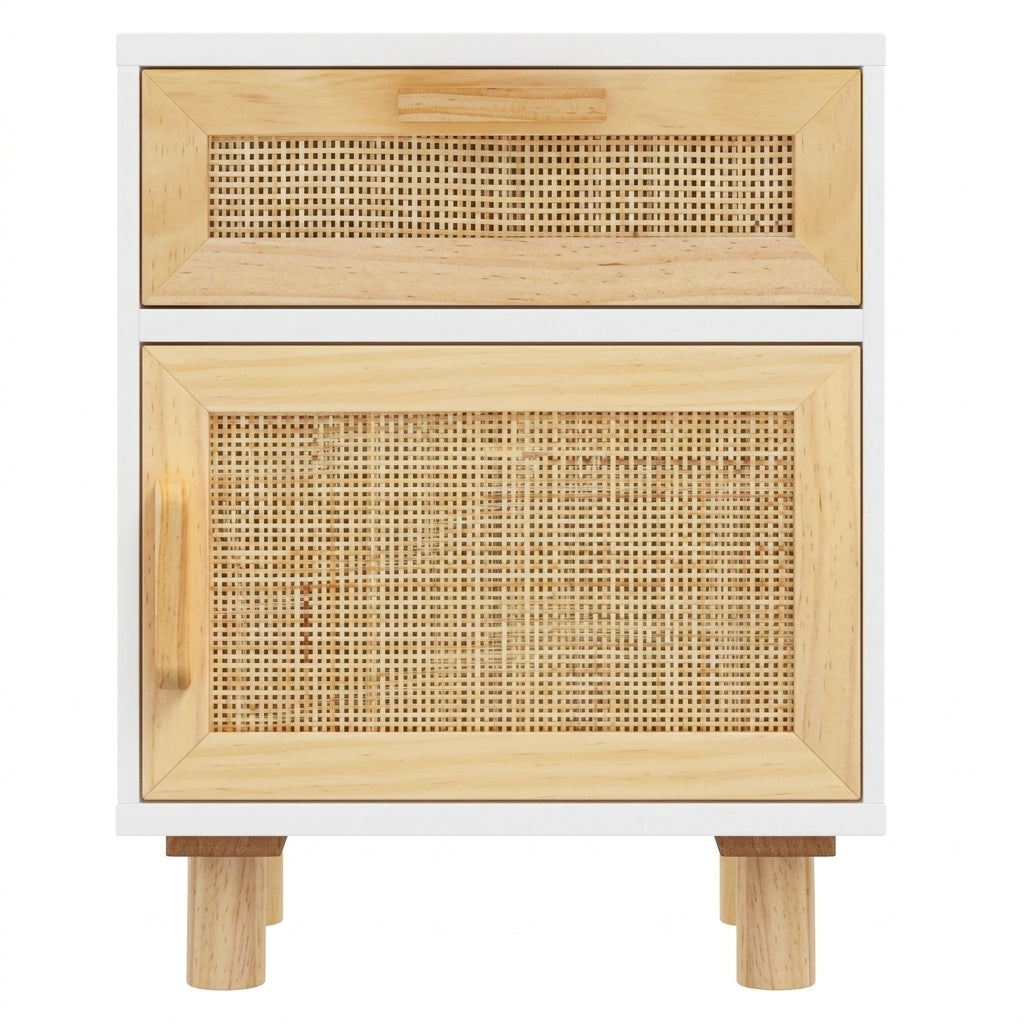 Table de chevet blanche en pin massif et rotin naturel