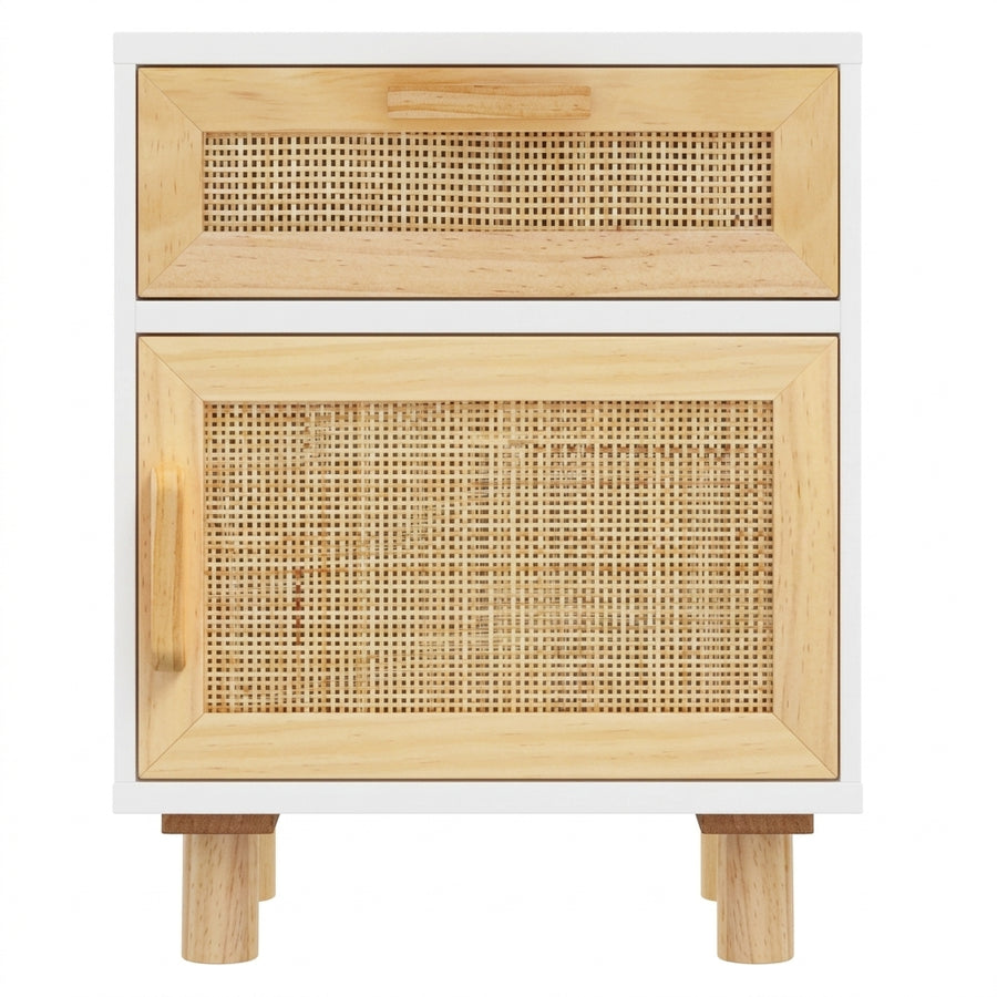 Table de chevet blanche en pin massif et rotin naturel