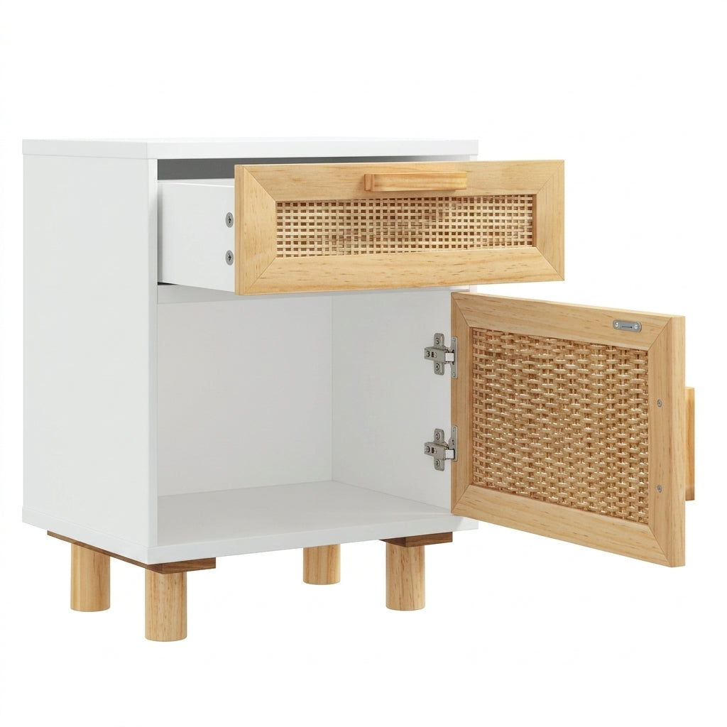 Table de chevet blanche en pin massif et rotin naturel