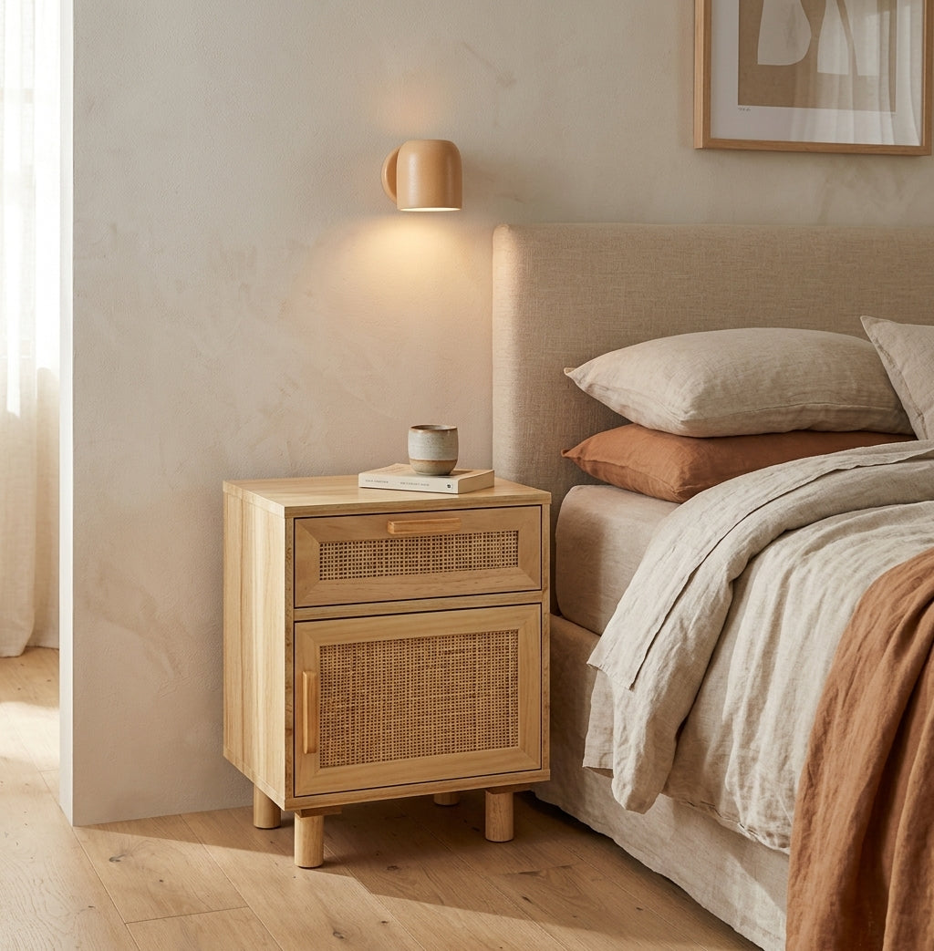 Table de chevet marron en pin massif et rotin naturel