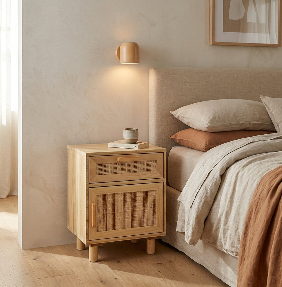 Table de chevet marron en pin massif et rotin naturel