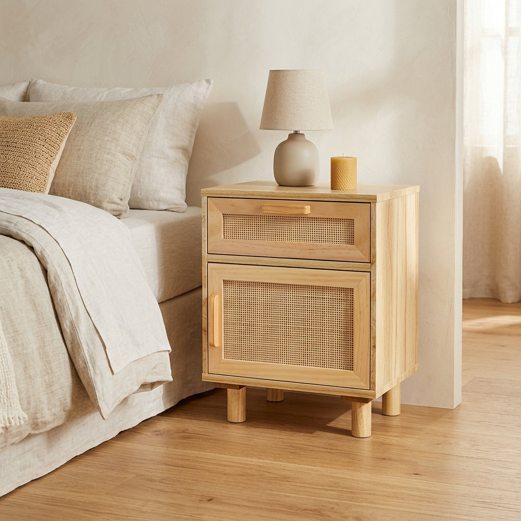 Table de chevet marron en pin massif et rotin naturel