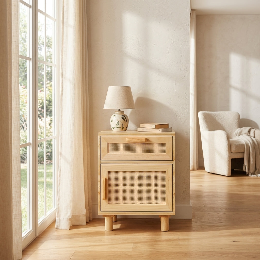 Table de chevet marron en pin massif et rotin naturel