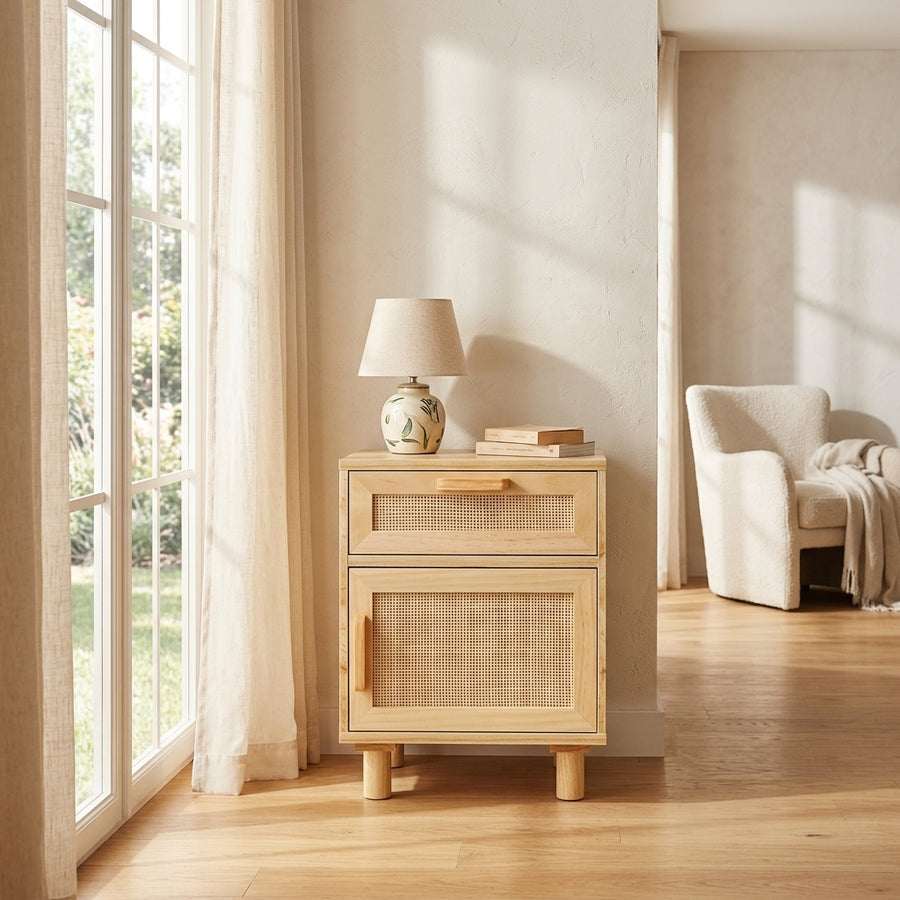 Table de chevet marron en pin massif et rotin naturel