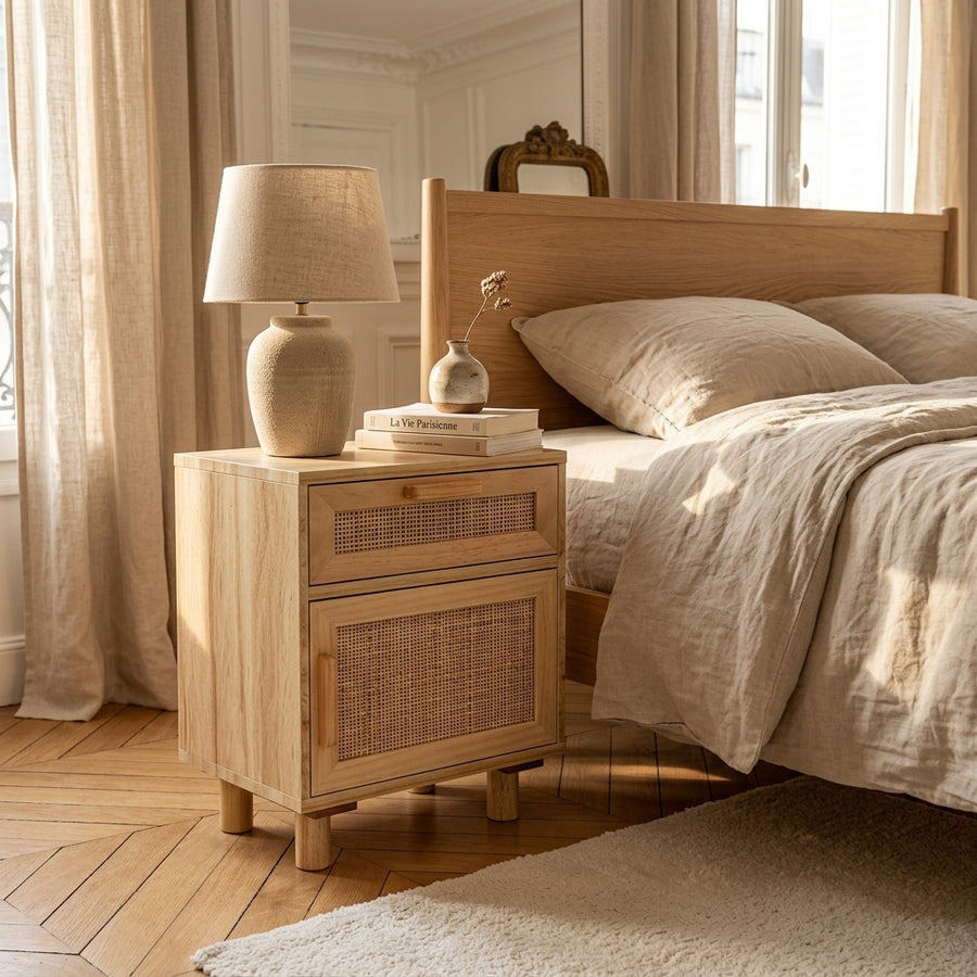 Table de chevet marron en pin massif et rotin naturel