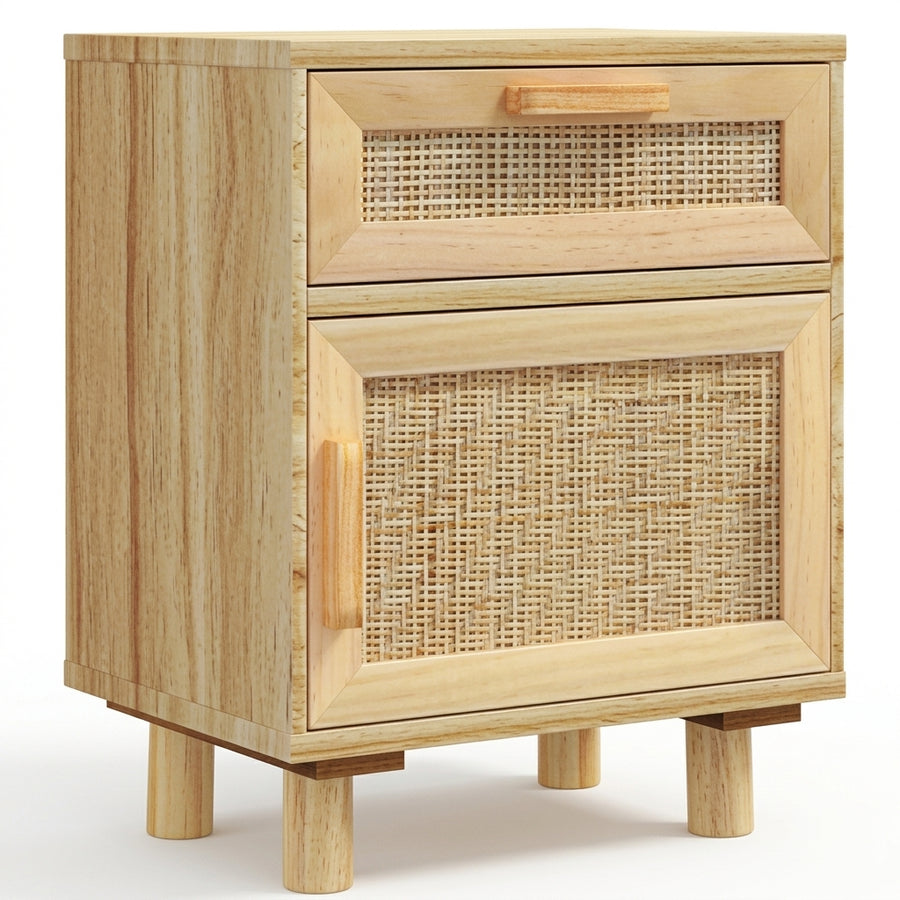 Table de chevet marron en pin massif et rotin naturel