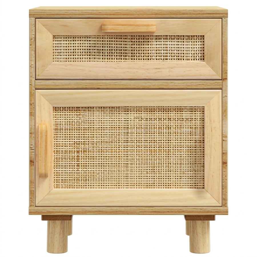 Table de chevet marron en pin massif et rotin naturel