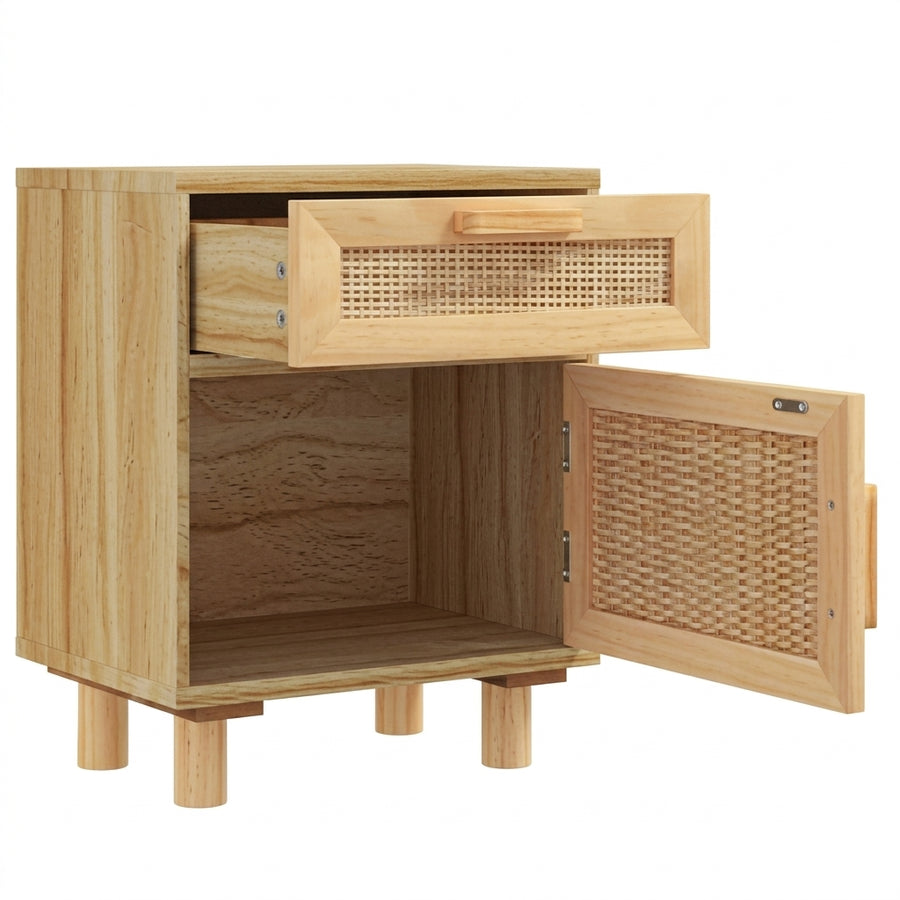 Table de chevet marron en pin massif et rotin naturel