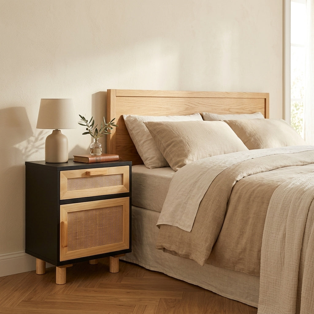 Table de chevet noire en pin massif et rotin naturel