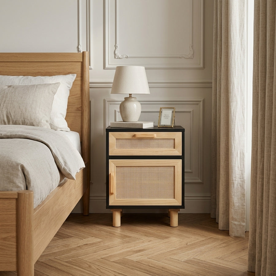 Table de chevet noire en pin massif et rotin naturel