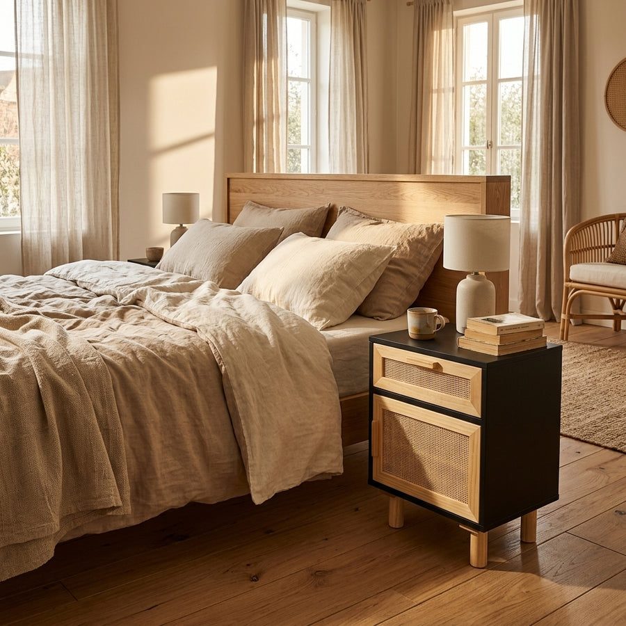 Table de chevet noire en pin massif et rotin naturel
