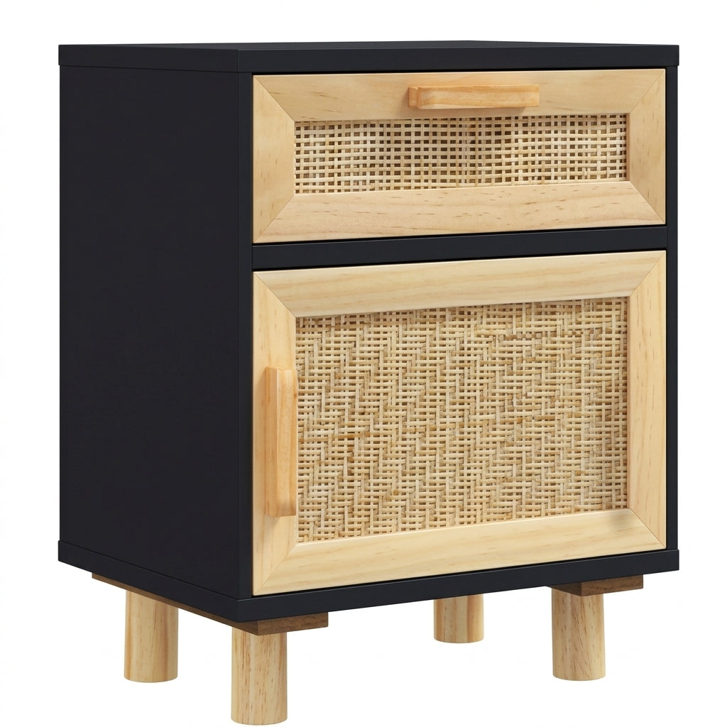 Table de chevet noire en pin massif et rotin naturel