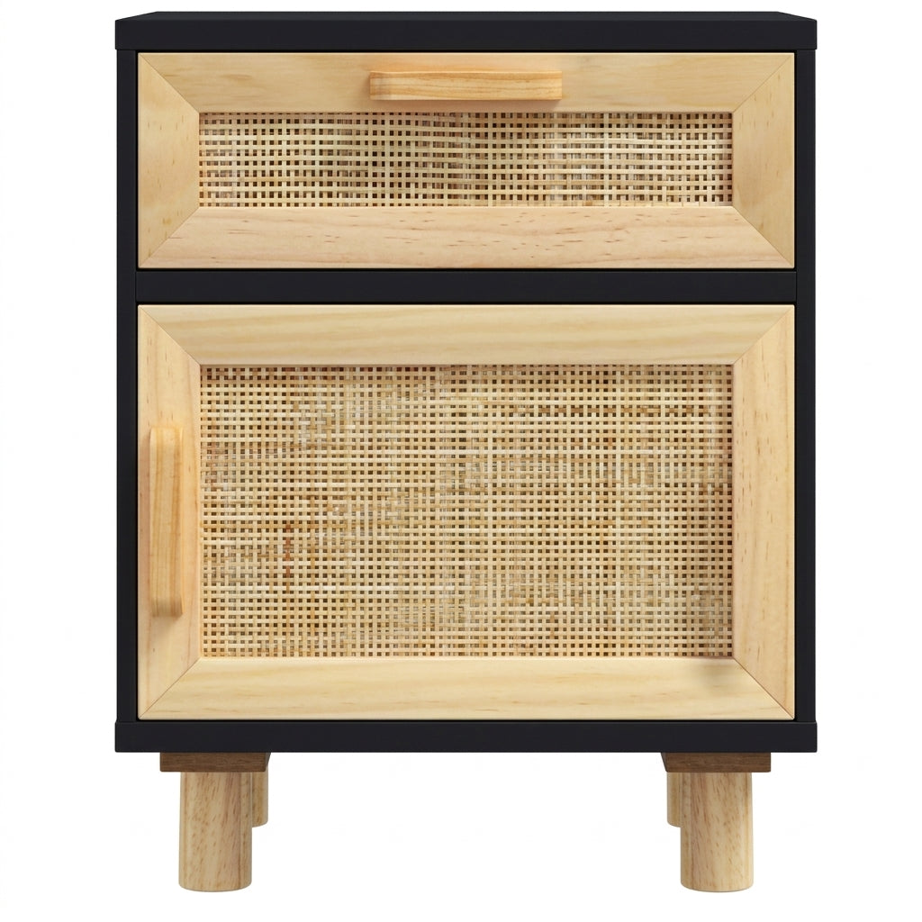 Table de chevet noire en pin massif et rotin naturel