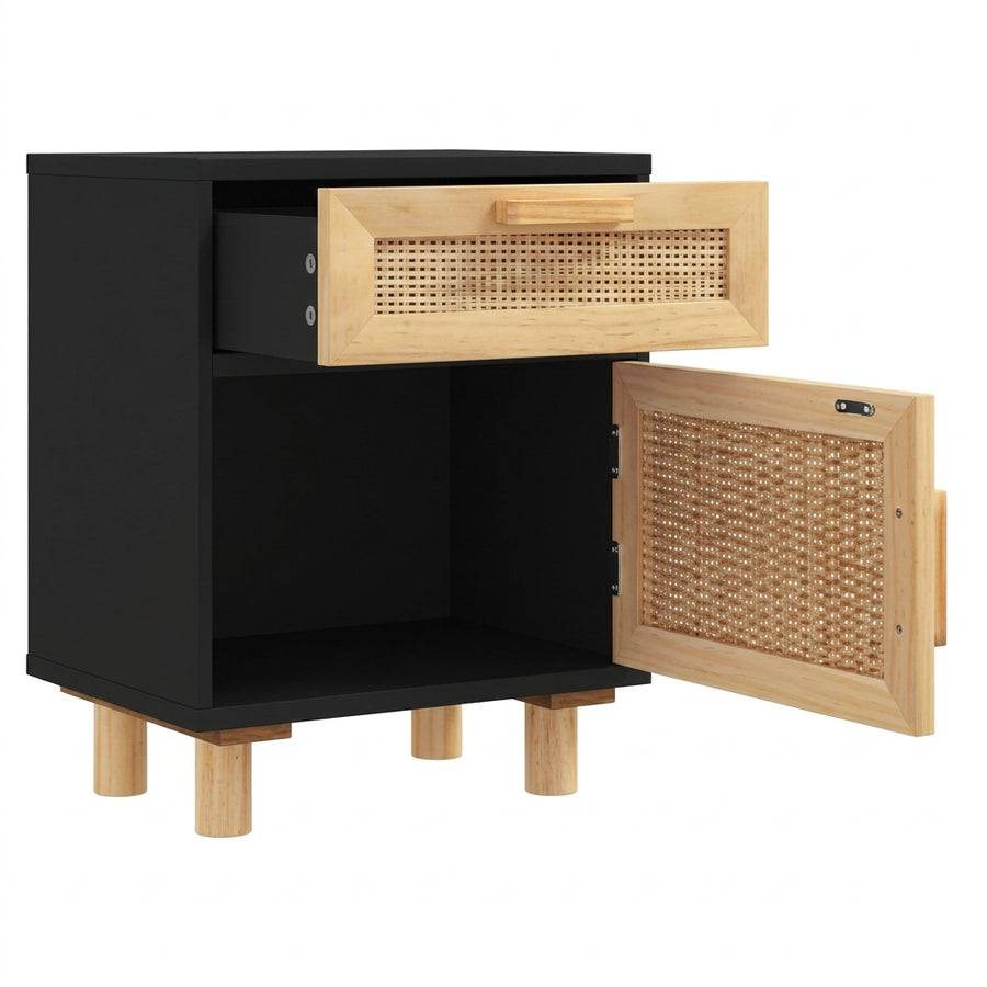 Table de chevet noire en pin massif et rotin naturel